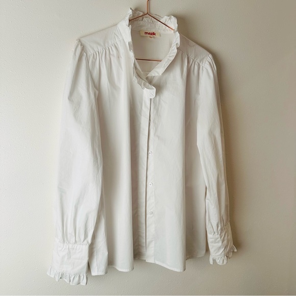 New Mazik Elegant Blouse Button down Shirt Trim Lantern Sleeve Poplin - Picture 11 of 11